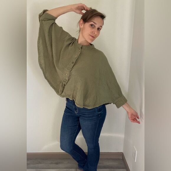 Free People Top Dolman Drape Poncho Flowy Cotton Olive Oversized - Picture 1 of 12